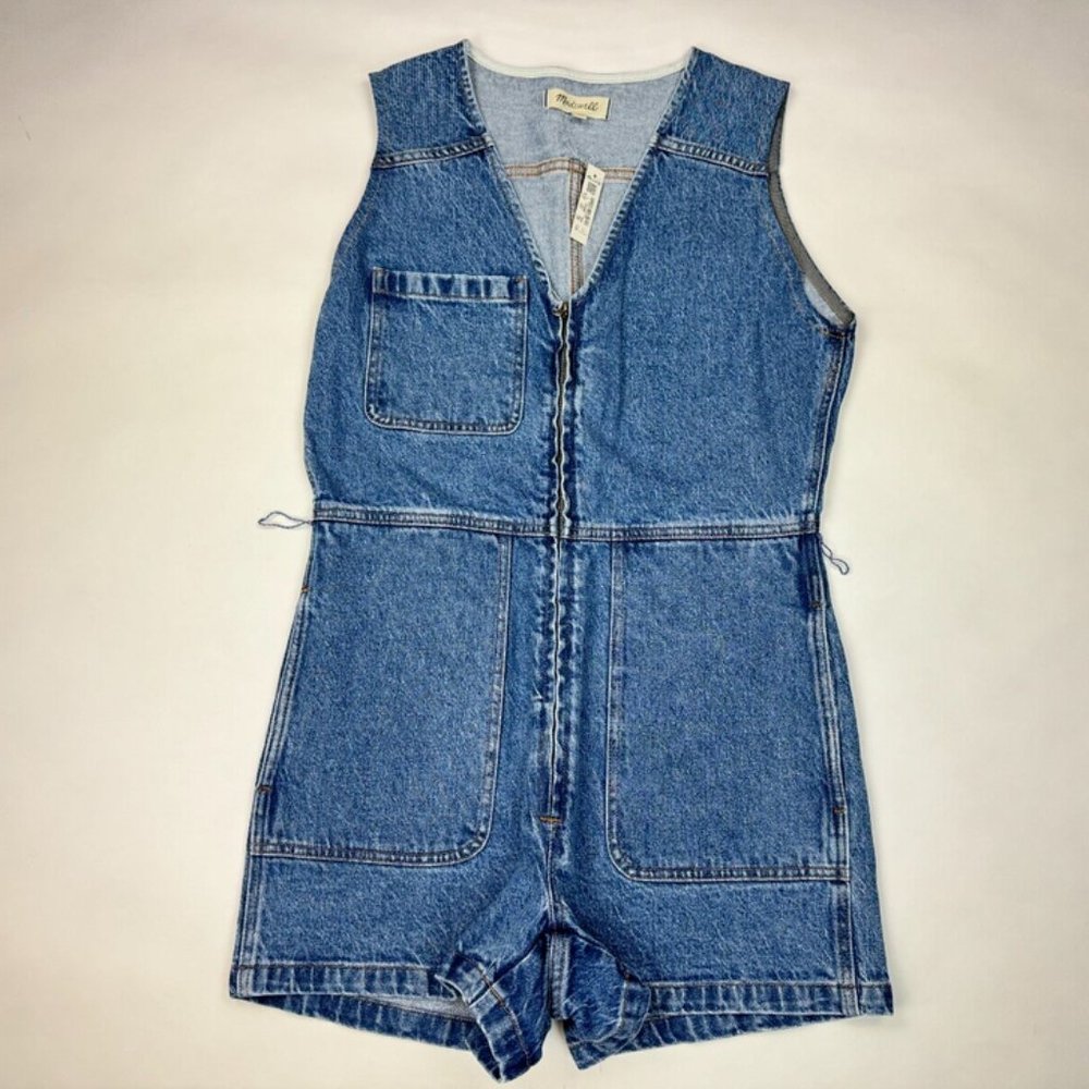 Madewell‎ Zip-Front Denim Romper Women 6 NWT V-neck Pockets Sleeveless NE766
